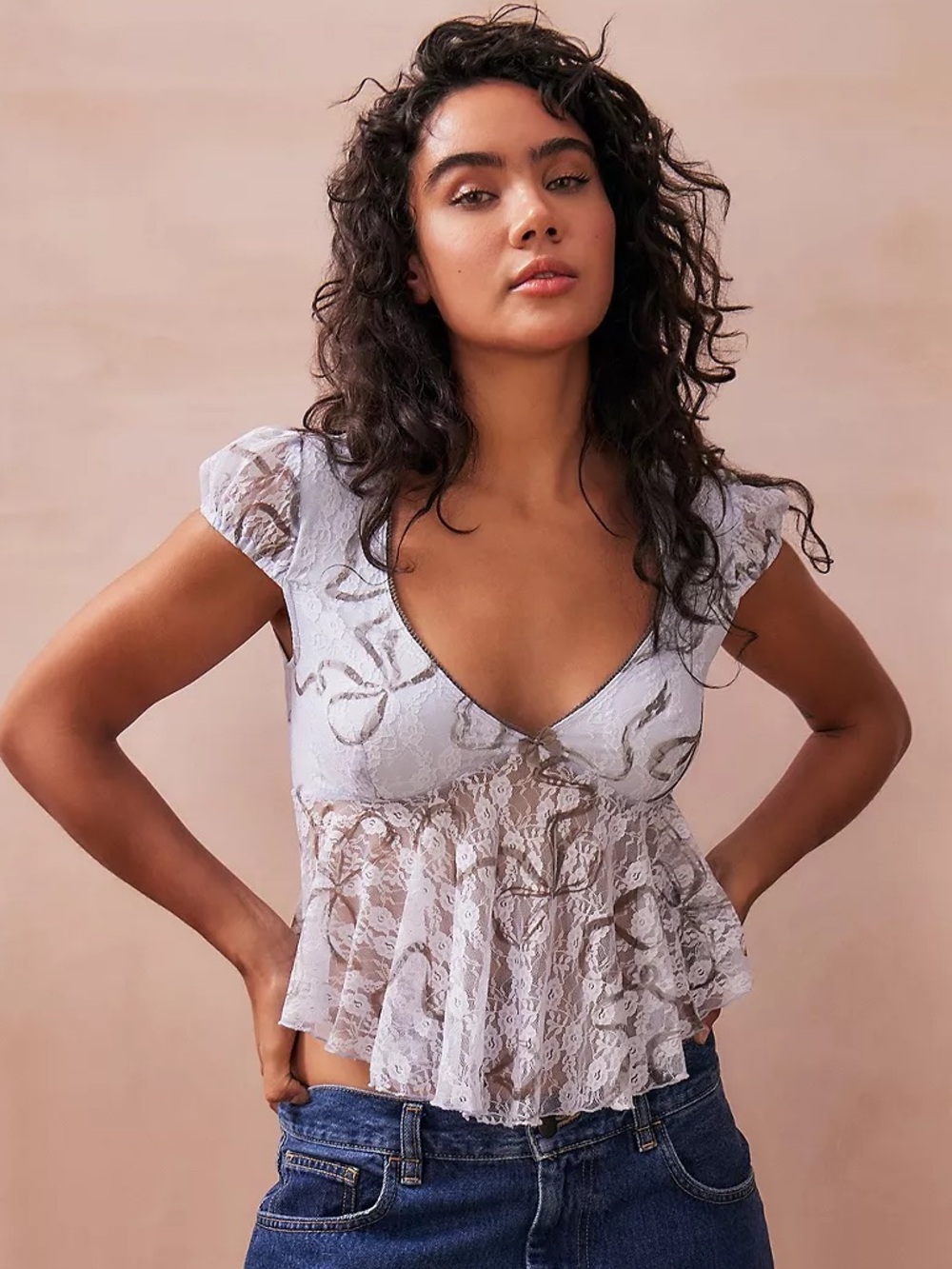 Kimchi Blue Taylor Lace Babydoll Top Blue Sheer V Neck Milkmaid Coquette Fairy M